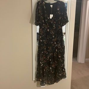 Black floral high-low dress with flutter sleeves